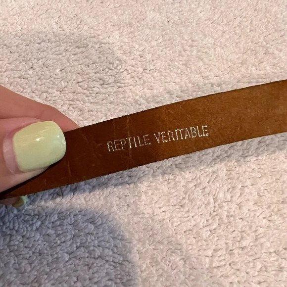 Vtg Reptile Veritable Belt Brown Snakeskin Skinny Leather Gold Plate Buckle 1/2" - Picture 3 of 12